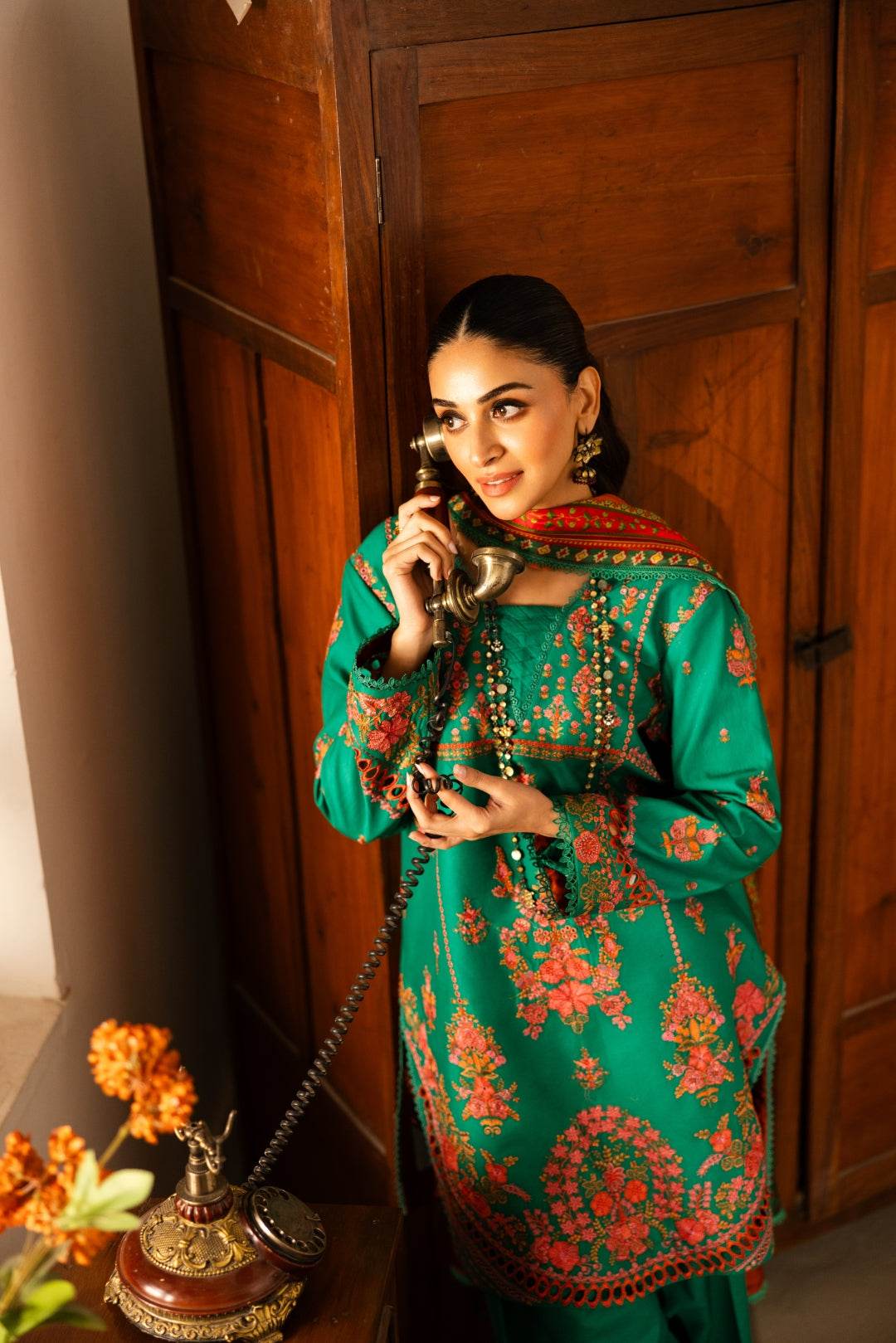 Wild Ivy Eid Lawn – Emerald Green with Suzani & Schiffli Art